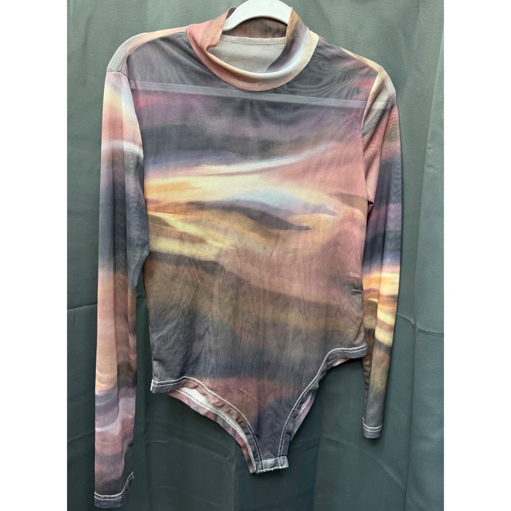 SHEIN‎ Women Mock Neck Long Sleeve Mesh Bodysuit Abstract Landscape Print Small
